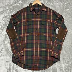Polo Ralph Lauren Tartan Plaid Button Up Shirt Mens Size M Green Elbow Patch EUC